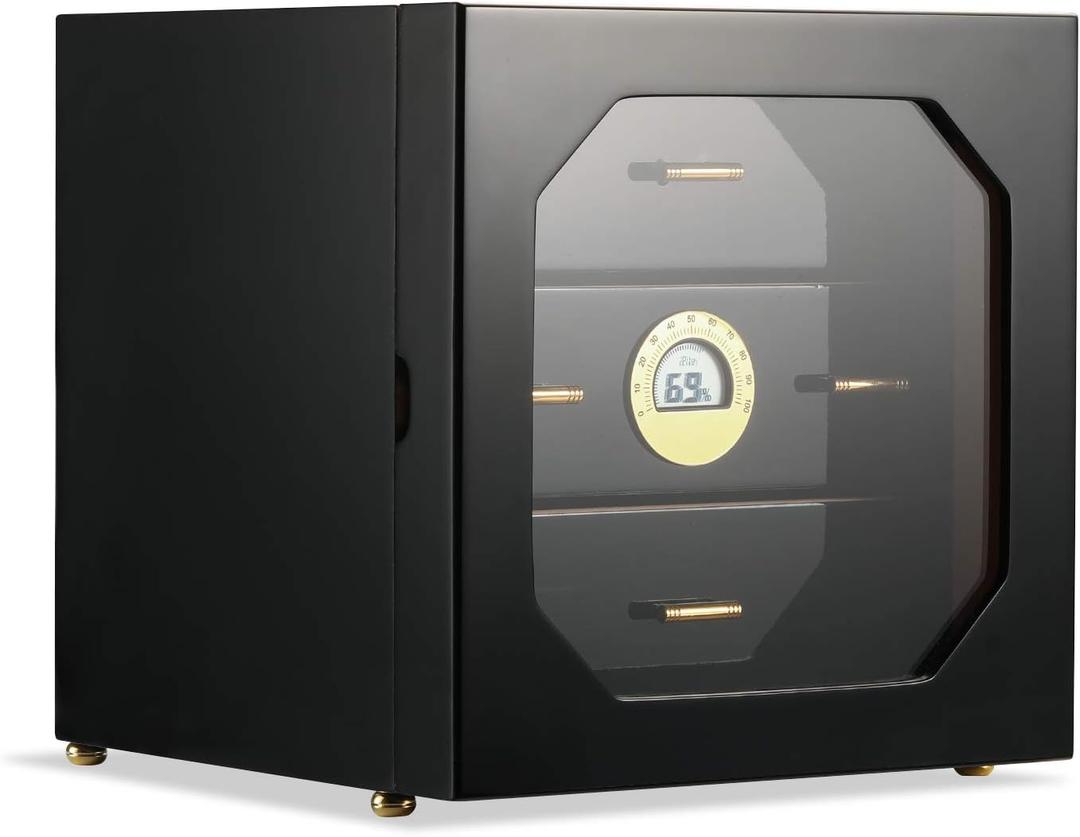 Woodronic Cigar Humidor Cabinet for 100 Counts with Digital Hygrometer, Crystal Gel Humidifiers, Spanish Cedar Lined Trays & Dividers, Polished Piano Black, Desktop Cigar Box Gift for Men