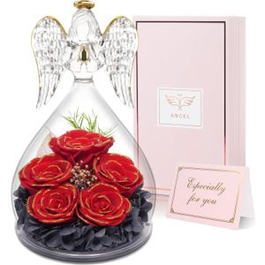 Yamonic Mothers Day Rose Gifts for Mom, Angel Figurine with Five Roses Gifts, Preserved Flowers Forever Real Rose Mom Gifts for Women, Birthday Gifts for Mom Grandma Christmas Mother's Day Valentine (5 Roses-red gold)