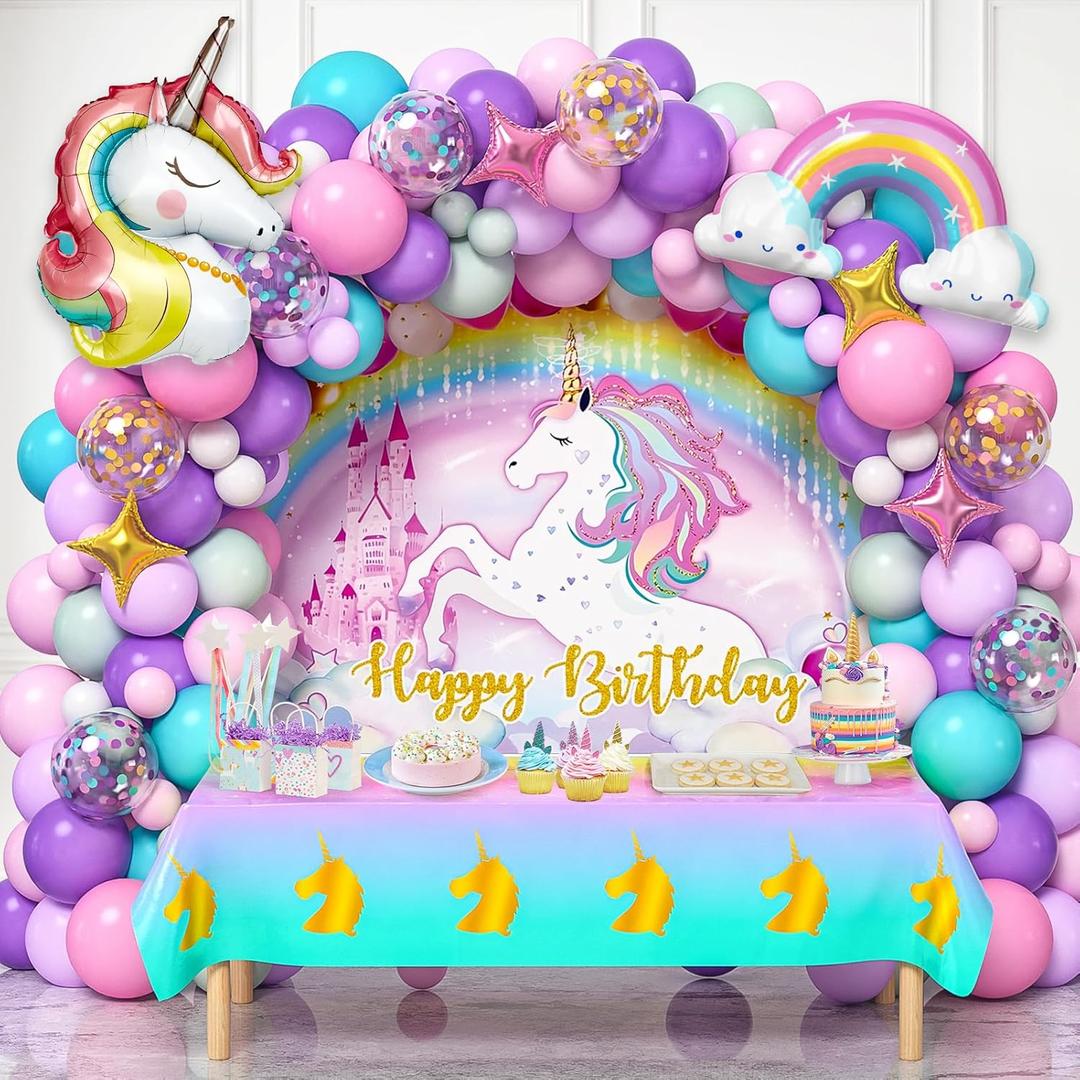 Winrayk 144Pcs Purple Unicorn Party Decorations Birthday Supplies for Girls, Purple Pink Blue Balloon Arch Kit with Backdrop Tablecloth Foil Balloons, Kids Rainbow Unicorn Themed Birthday Decorations