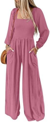Dokotoo Women's Casual Loose Overalls Jumpsuits One Piece Long Sleeve Wide Leg Long Pant Rompers With Pockets XL