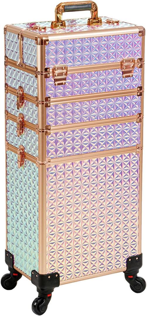 AROUS 5 in 1 Professional Makeup Train Case Aluminum Cosmetic Case Rolling Makeup Case Extra Large Trolley Makeup Travel Organizer, with 360 Swivel Wheels, Colorful