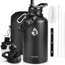 Insulated Water Bottle 64 oz, Triple Wall Vacuum Stainless Steel (Cold for 48 Hrs), Leak Proof & Non-BPA, Half Gallon Water Flask Jug with Paracord Handle & Straw Spout Lids, Magic Black