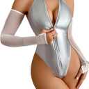 OYOANGLE Women's One Piece Bodysuits Zipper Up Sleeveless Pu Leather Halter Bodysuit Tops with Arm Sleeves (Medium)