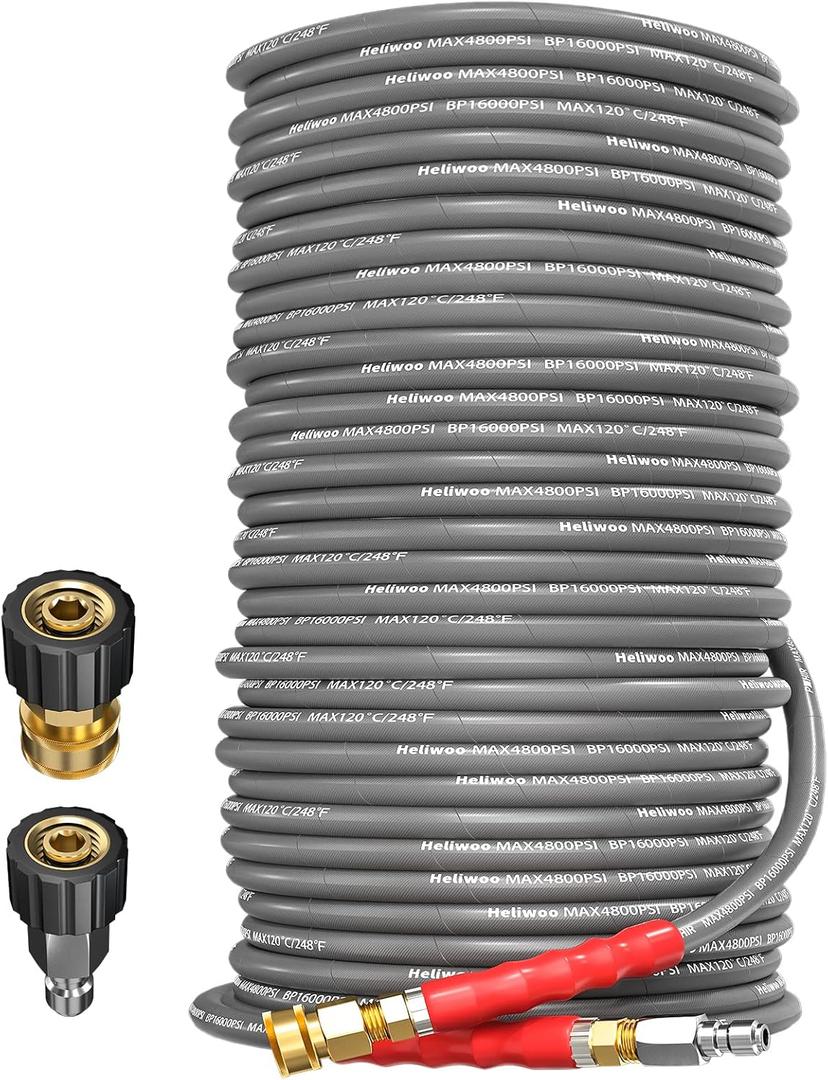 3/8'' Pressure Washer Hose 150 FT, Hot and Cold Water Power Washer Hose Max 248F, 3/8 Quick Connect Commercial Industrial Grade Steel Wire Braided Kink Proof Extension Hose -4800 PSI