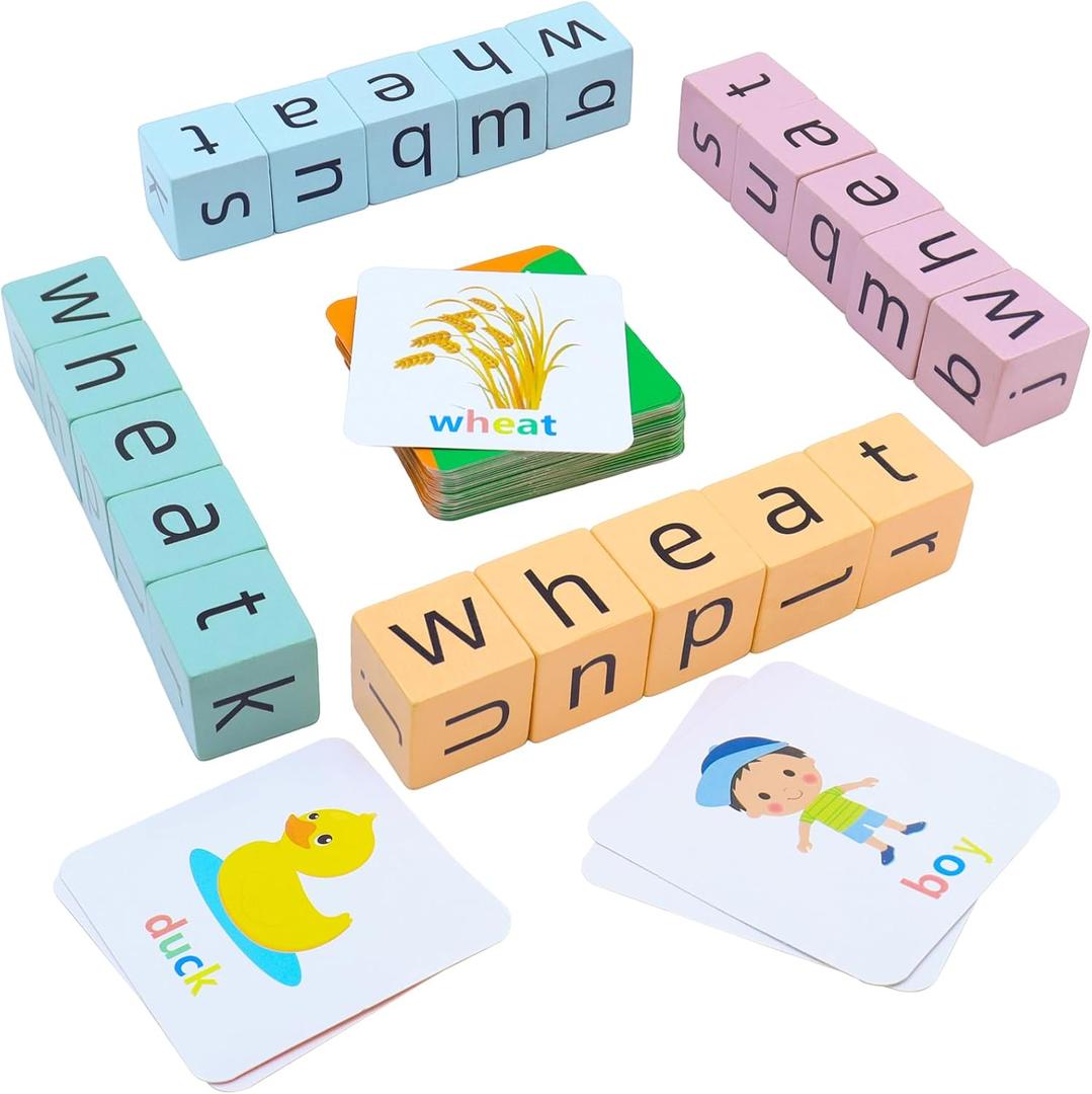 Word Spelling Game, Matching Letter Game for Kids, 20 Wooden Alphabet Blocks with 54 Flashcards, Preschool Learning Activities Toys, Montessori Educational Toys Gifts for Kids Ages 3-8