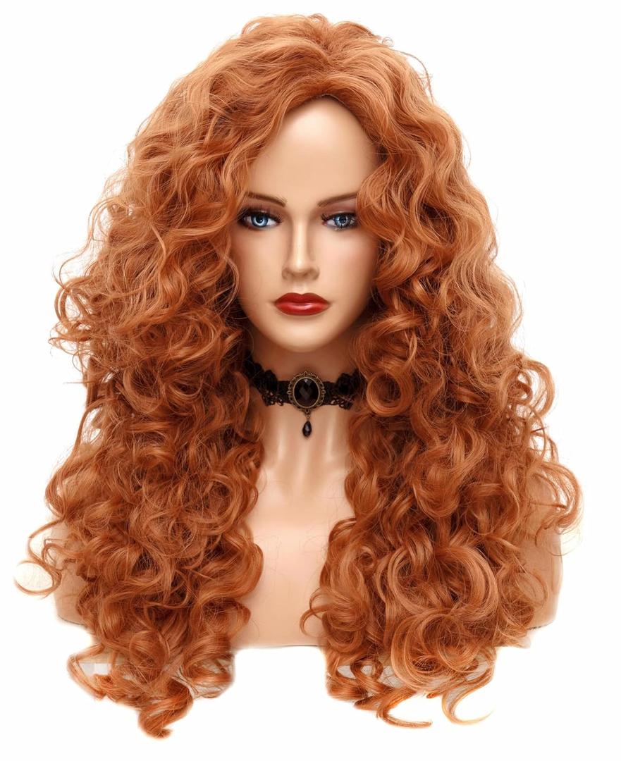 Rugelyss Long Wavy Wigs 28 Inches Natural Copper Fox Red Synthetic Kinky Curly Hair Wig for Women
