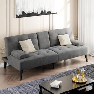 Shintenchi Futon Sofa Bed, Velvet Foldable Couch Reclining Sleeper w/Removable Armrests, Upholstered Loveseat w/Folding Cup Holders for Home, Office, Dark Gray