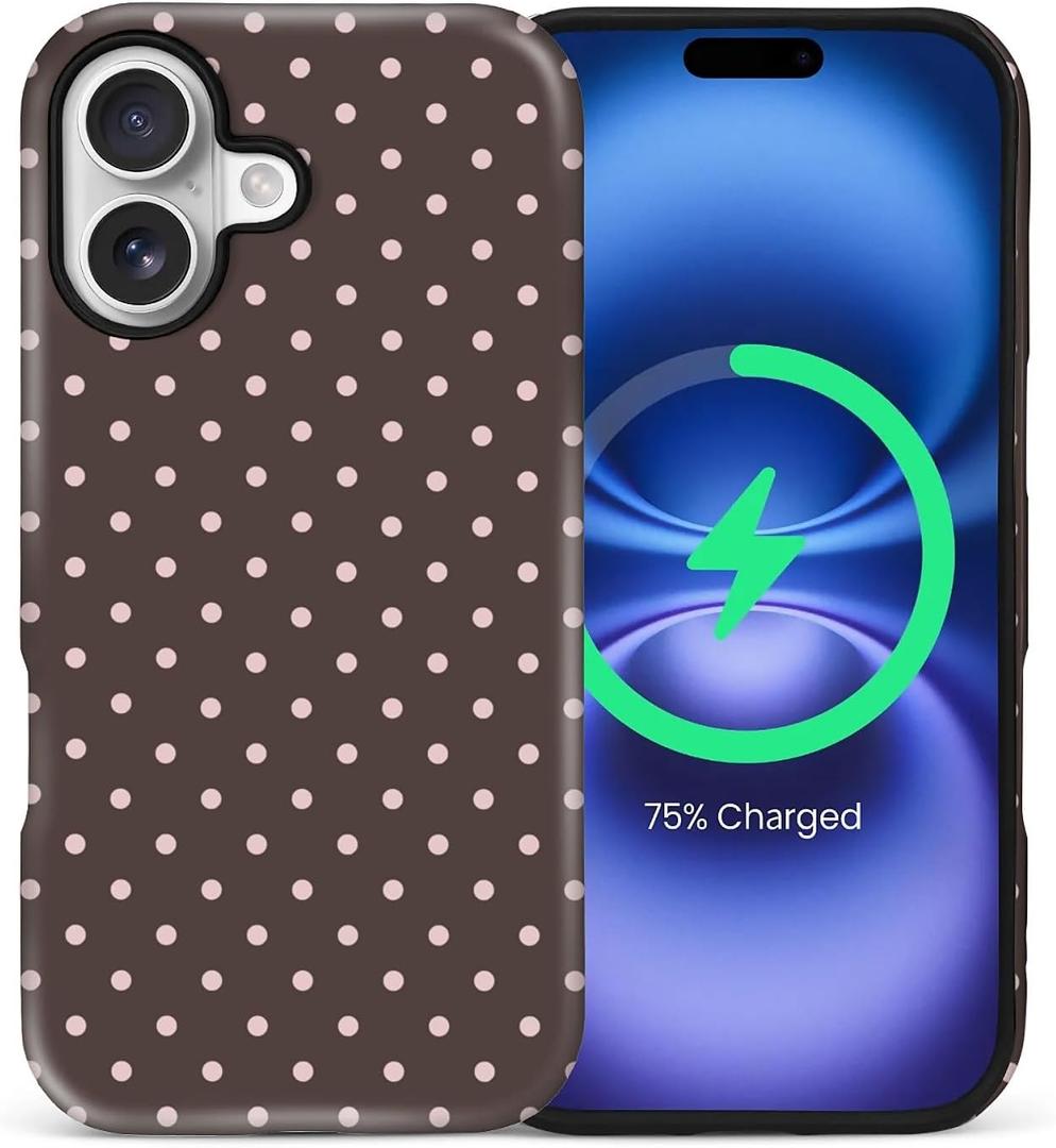 for iPhone 17 Case for Women Girl Men Boy, Compatible with MagSafe, Shockproof Soft Silicone & Hard PC Shell Protective Case for iPhone 17 - Brown & Pink Polka Dot Cute