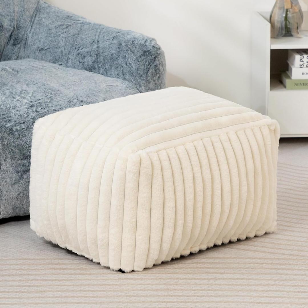 HollyHOME 15"(H) Bean Bag Ottoman Pouf, 6.6LB Memory Foam Filled Footstool for Sofa, Accent Stuffed Footrest Stool with Washable Cover, Single Footrest Stool for Living Room, Bedroom, Striped White
