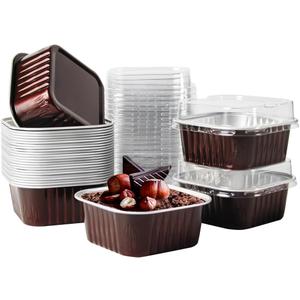 50 Pcs Mini Square Baking Cups with Lids,5oz Aluminum Foil Mini Cake Pans with Lids,Disposable Ramekins Cake Pans,150ml Dessert Cups Cupcake Pans for Wedding Birthday Party,Coffee