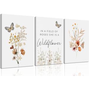 3 Pcs Watercolor Flowers Canvas Wall Art In A Field Of Roses She Is A Wildflower Painting Picture Wall Decor Boho Butterfly Wildflowers Poster Print Artwork for Nursery living room Home Decoration (12x16in)