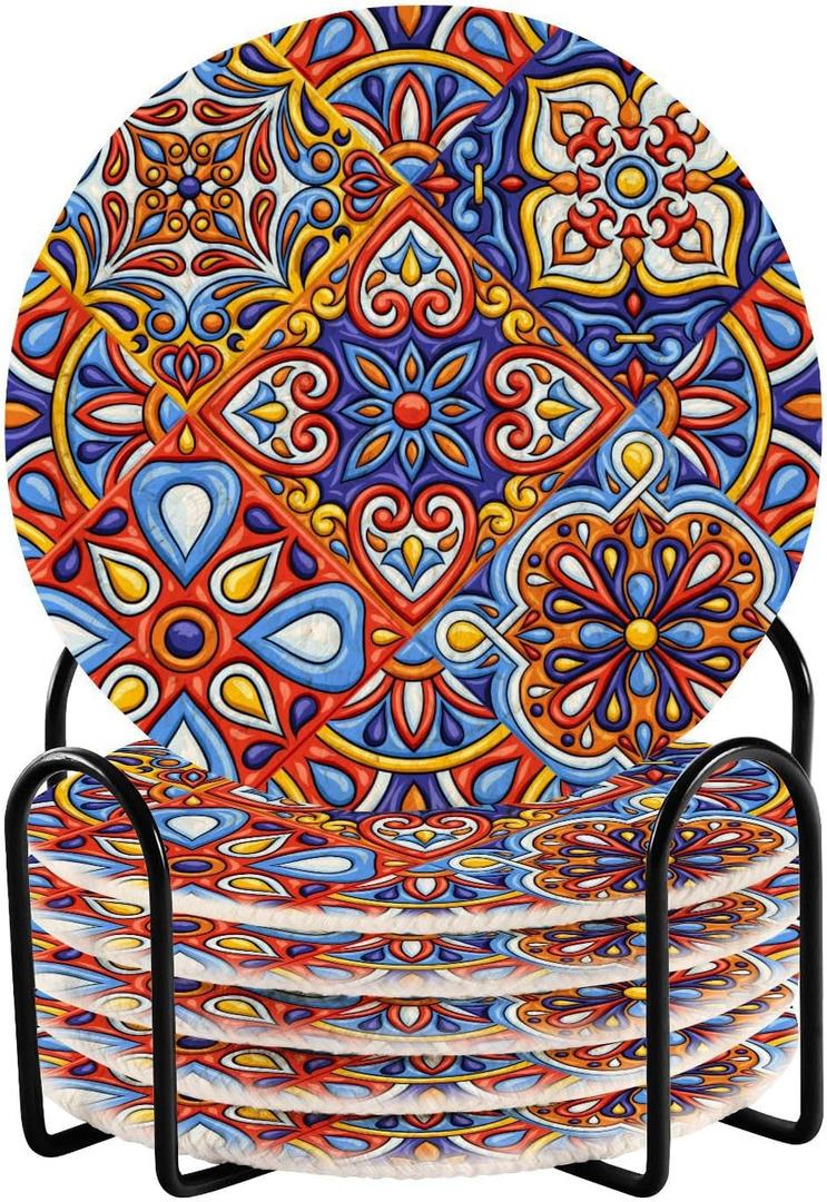 YETTASBIN Mexican Talavera 6 Pcs Drink Coasters with Holder, Cotton Woven Absorbent Heat-Resistant Round Coaster Non-Slip Table Mat for Kitchen Bar Home Decor Housewarming Gift, 3.9 in