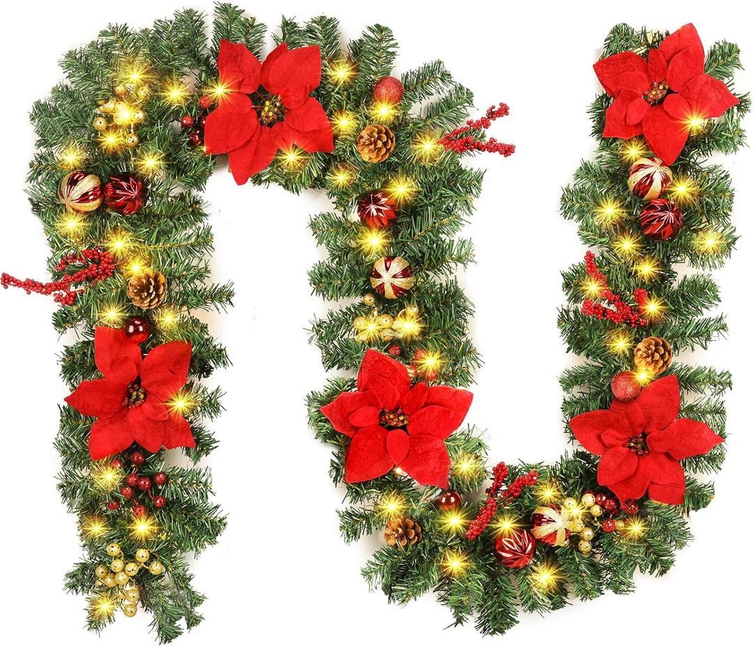 Quntis 9FT Prelit Christmas Garland with 50 LED Timer Lights, Christmas Decorations Poinsettia Garland for Mantle, 8 Mode Pinecones Berry Garlands for Fireplace Stairs Tree Outdoor Indoor Holiday