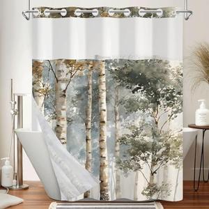 Xiazhilaio No Hook Bathroom Shower Curtain and Liner Set, Birch Tree Forest Print Double Layer Waterproof Fabric Bath Tub Curtain with Snap in Liner, See Through Top, 71 x 74 Inch