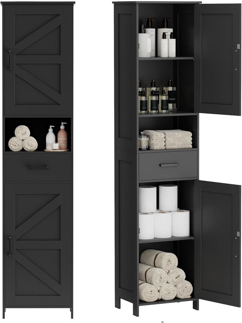 Homhedy 67" H Tall Bathroom Storage Cabinet with Barn Doors and Drawer
Narrow Storage Unit with Adjustable Shelves, Floor Cabinet for Bathroom, Living Room, Entryway or Kitchen, Black, 15.7" W