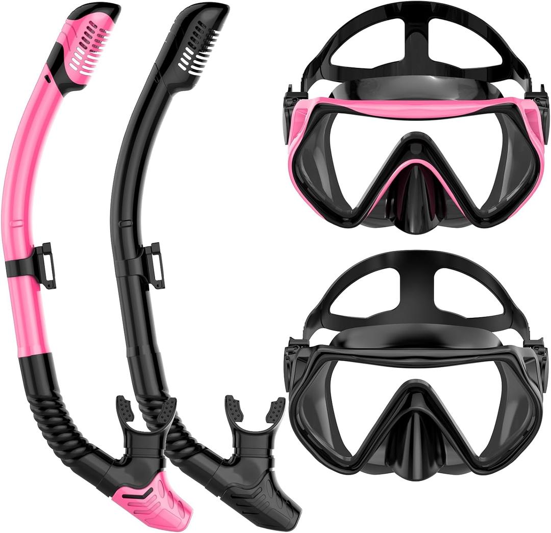 Snorkeling Gear for Adults, Dry-Top Snorkel Set Scuba Diving mask, Snorkel Mask, Panoramic Anti-Leak Anti-Fog Tempered Glass Lens, Swimming Training Snorkeling Packages (Black+Pink)