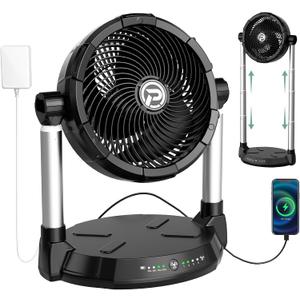 KITWLEMEN 40000mAh Battery Operated Fan - 12" Rechargeable Floor Fan, 4 Speeds, 65Hrs Cooling, 34.6" Height Adjustable, 12V Output Cordless Fan, Portable for Camping, Travel, Hurricane, Power Outage