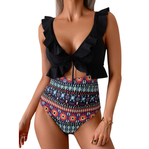 Eomenie One Piece Swimsuit for Women Tummy Control Ruffle Bathing Suit V Neck Ruched Swim Suit Slimming Cutout Swimwear (Large, Black Print)
