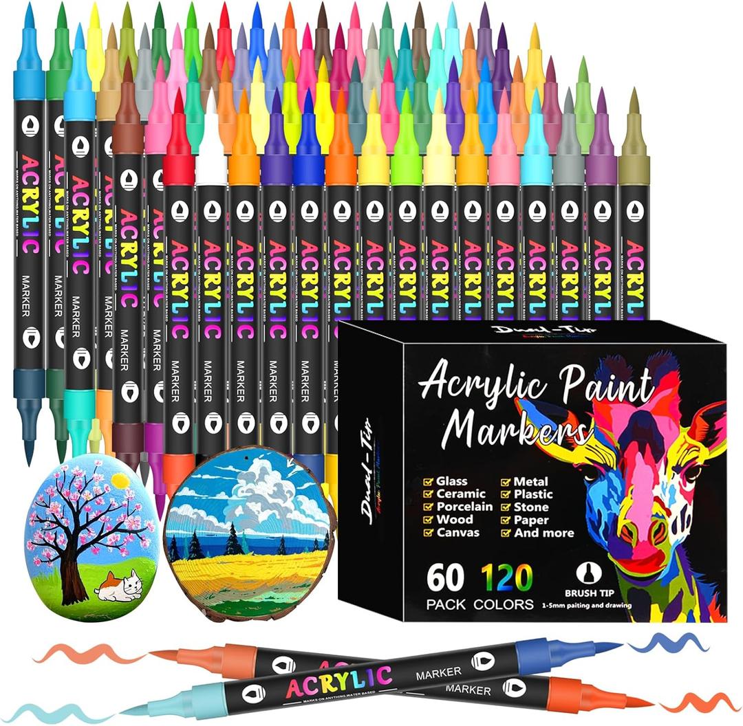 120 Colors Acrylic Paint Markers, 60 Pack Dual tips Acrylic Paint Pens for Rock Painting, Canvas, Wood, Glass, Ceramic, Fabric, Plastic, Egg & Scrapbook. Soft Brush Tips Paint Pens and Paint Markers