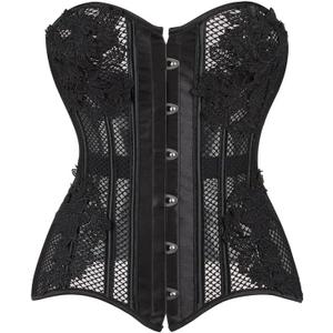 Dreay Black Women's Breathable Corset Top - Sexy See Through Mesh - Satin Overbust Lace Up - Waist Trainer for Women (Large)