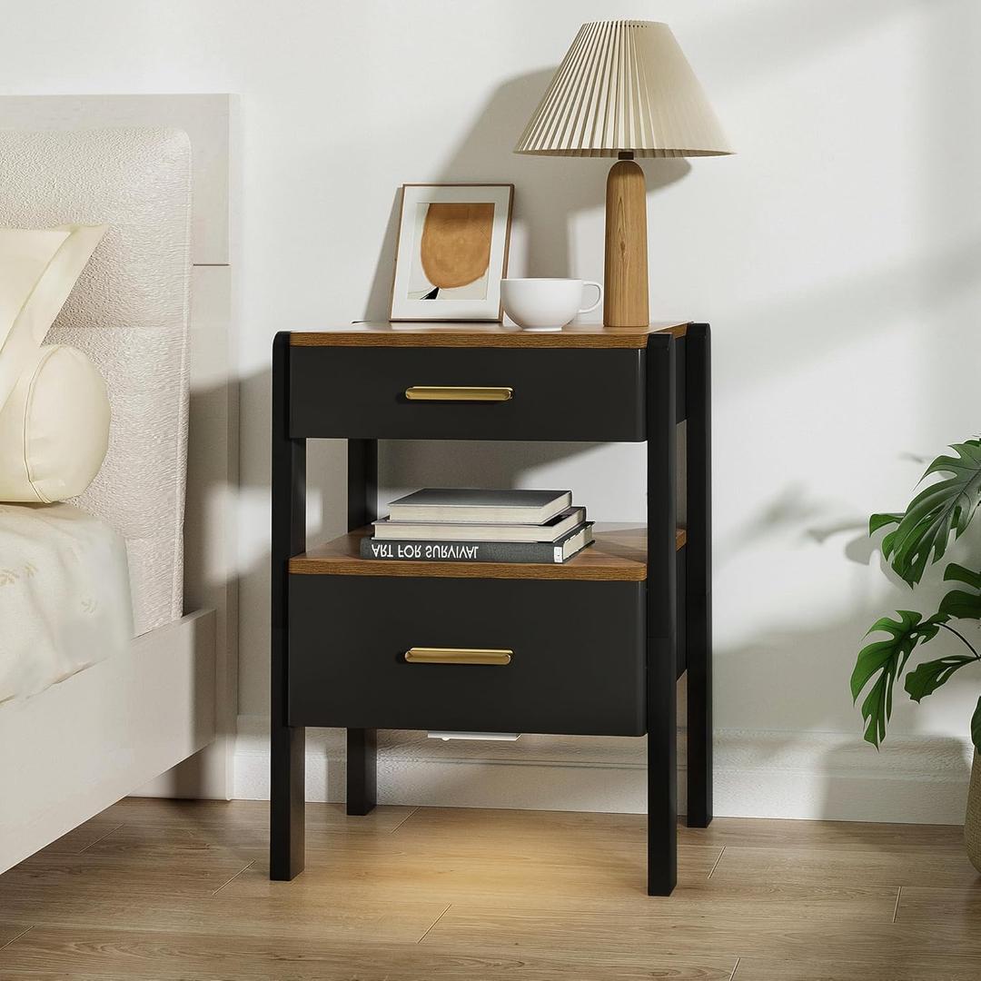 Nightstand with 2 Drawers and Open Shelf Wood Bedside Table Gold Handles Storage Night Stand with Light for Bedroom, Black and Brown (11.8 inches D x 17.1 inches W x 23.6 inches H)