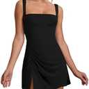 WISFRUIT Women's Sexy Square Neck Mini Dress Sleeveless Bodycon Ruched Split Party Club Short Tank Dresses, Size L