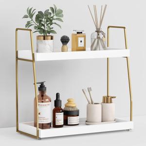 Forbena Bathroom Organizer Countertop, Counter Organizer for Bathroom Decor, Wooden Sink Shelf for Vanity Storage, Makeup Tray for Perfume Skincare Bedroom Kitchen Corner (2 Tier, White and Gold)