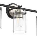 Bathroom Lighting Fixtures Black and Brushed Nickel Bathroom Vanity Light with Cylindrical Clear Stripes Glass Lampshade E26 Socket Base Bathroom Lighting Fixtures Over Mirror (3 Lights)