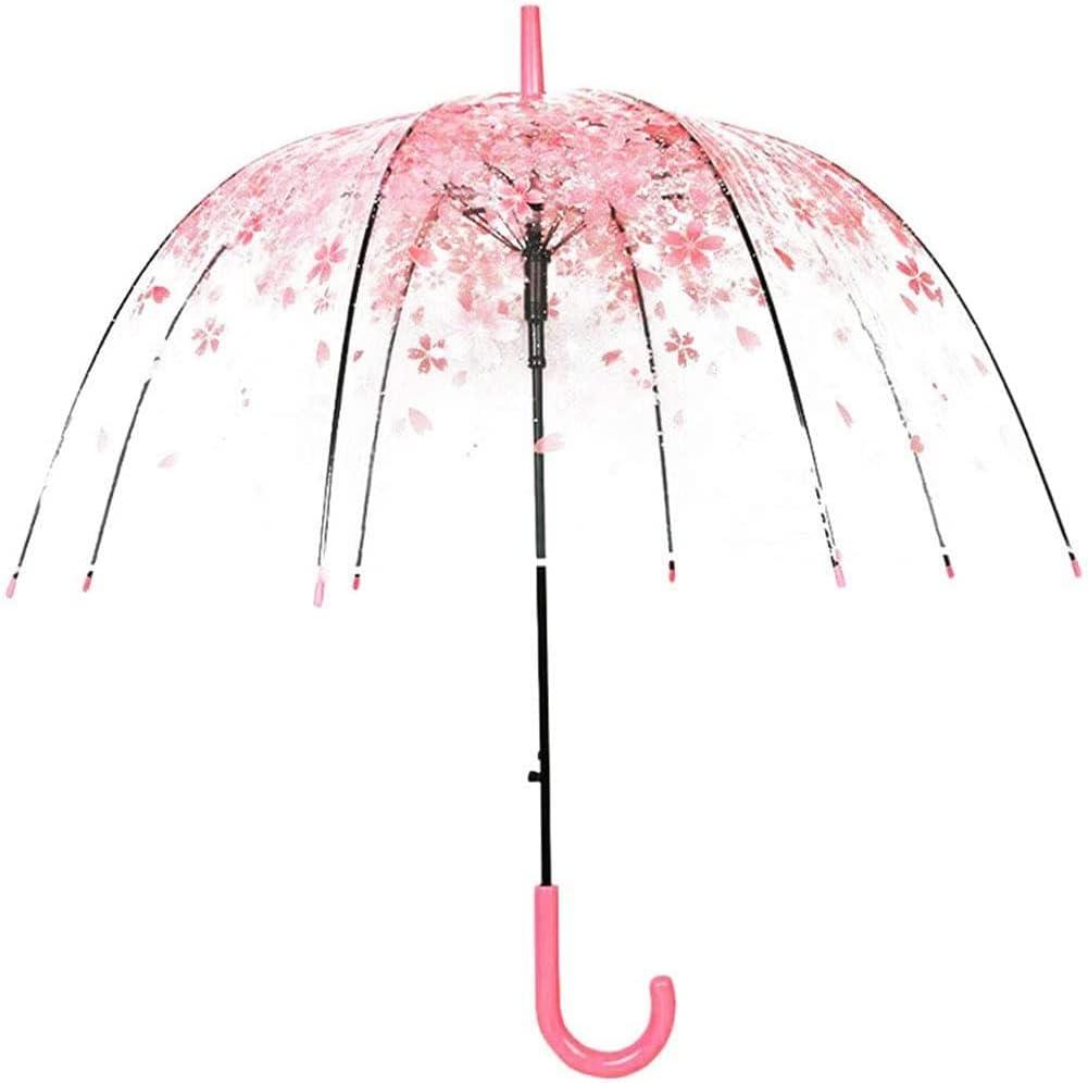 Cherry Blossoms Umbrella Cute Transparent Bubble Umbrella Clear Dome Semi-Automatic Sunny Umbrella for Kids Girls Boys or Women Romantic Windproof Wedding Decoration Umbrella (Pink)