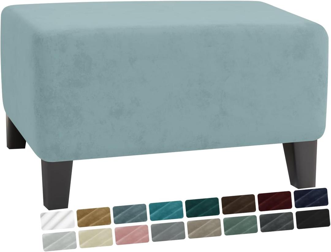 MAXIJIN Velvet Ottoman Cover Rectangular Stretch Square Ottoman Covers Slipcover Rectangle Washable Foot Stool Cover Thick Storage Protector with Elastic Bottom (Ottoman Medium, Dusty Blue)