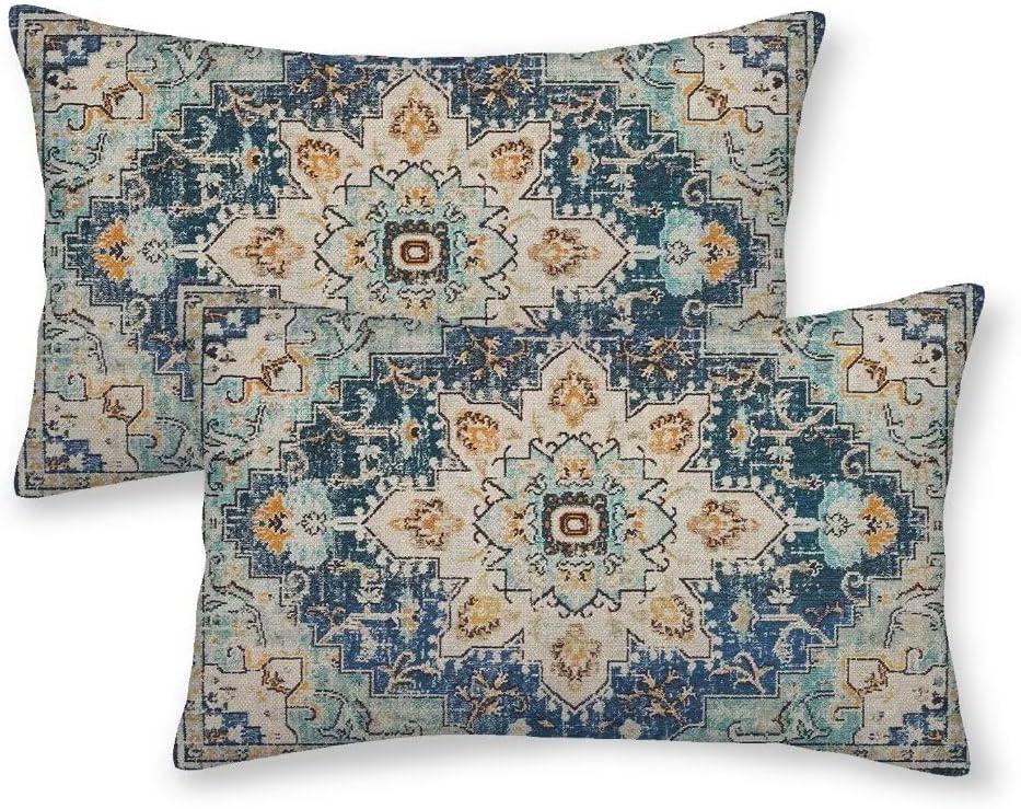 Boho Pillow Covers 12x20 Set of 2, Light Blue Beige Carpet Pattern Outdoor Decorative Throw Pillows Vintage Linen Ethnic Rustic Farmhouse Cushion Cases for Couch Sofa Decor