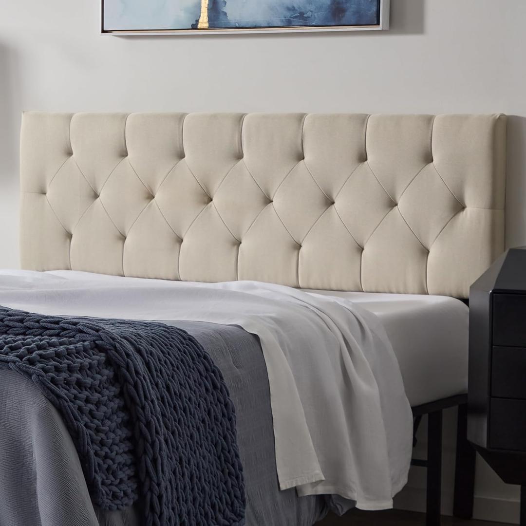 Lucid Mid-Rise Upholstered Headboard - Diamond Tufted - Padded Polyester - Adjustable Height from 34 to 46 - Easy Assembly - Bed Frame or Wall Mount - Sturdy - Pearl - King / Cal King Size