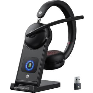 Wireless Headset with Mic for Work-Bluetooth 5.3 Headset with Noise Cancelling, Wireless Headsets with 65Hrs Battery & 10Min Fast Charge, Smart Dock with Digital Display for PC/Computer/Teams (Black)