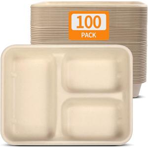 Celel 100 Pack 3 Compartment Paper Bowls for Dinner Dish with Sides and Chip Dips, Microwavable Compartment Paper Food Trays for Carnival Party Restaurant Catering (3 compartment (8.7''x6.8''x1.6''))