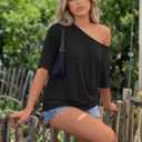 Trendy Queen Womens Off the Shoulder Tops Oversized T-Shirts Short Sleeve Tees Summer 2026 Casual Spring Clothes (Black, XL)