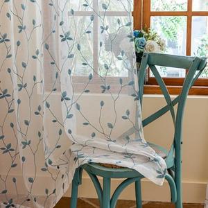 AmHoo 2 Panels Embroidered Leaf Pattern Semi Sheer Curtains Foliage Floral Voile Window Draperies Treatment for Bedroom Living Room Rod Pocket White Teal 53 x 84 Inch