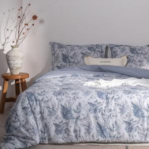 Cotton Comforter Queen Size Set  Light Grey Blue Botanical Floral Bedding, Soft & Breathable, All-Season Down-Alternative Fill, Includes 1 Comforter & 2 Pillow Shams