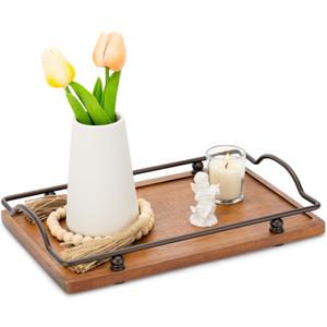 Wood Serving Tray with Handles, Wooden Decorative Tray for Serving Food, Platter for Breakfast, Lunch, Dinner, Appetizers, Ottoman, Living Room, Coffee Table Kitchen Party Patio BBQ,16" Lx9 W