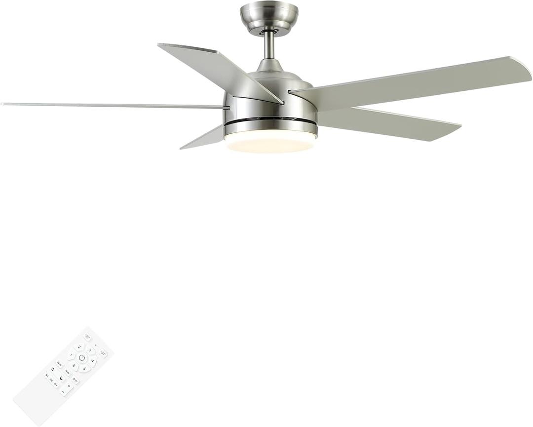 YUHAO 52 Inch Brushed Nickel Ceiling Fan with Light and Remote Control.Noiseless,Dimmable,3CCT,6 Speeds Reversible, DC Ceiling Fans for Indoor or Covered Outdoor