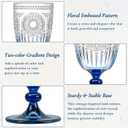 XUWAIDSGN 6Pcs Plastic Vintage Wine Glasses 13.5oz Reusable Embossed Goblet Glasses Blue Gradient Retro Wine Glassware Unbreakable Stemmed Champagne Water Cups for Wine Cocktail Juice Wedding