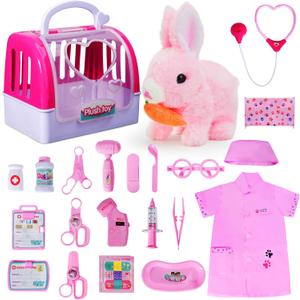 Doctor Kit for Girls -Vet Play Sets for Kids, Pretend Play Doctor Set with Pet Cage and Bunny Toy, Doctor Play Gift for Kids Toddlers Ages 3 4 5 6 Year Old for Role Play (Pink Bunny)