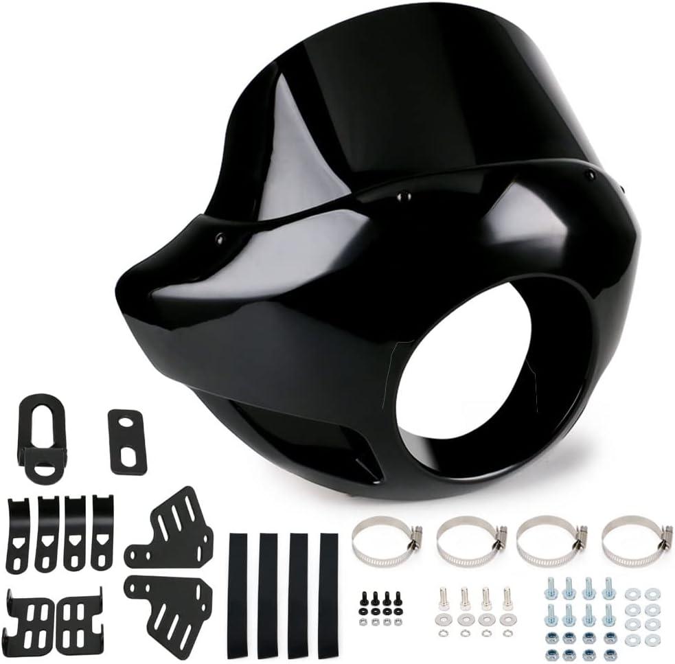 PACEWALKER Motorcycle 9" Tall Fairing Touring Sport Windshield Club Style Kit Blackout 5.75" Headlight Fairing Windshield for Super Glide T-Sport FXDXT, FXR Short Style (Gloss Black)
