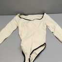 OQQ Women Bodysuit Contrast-Trim Square Neck Long Sleeve Stretch Bodysuit Tops (Small, Beige)