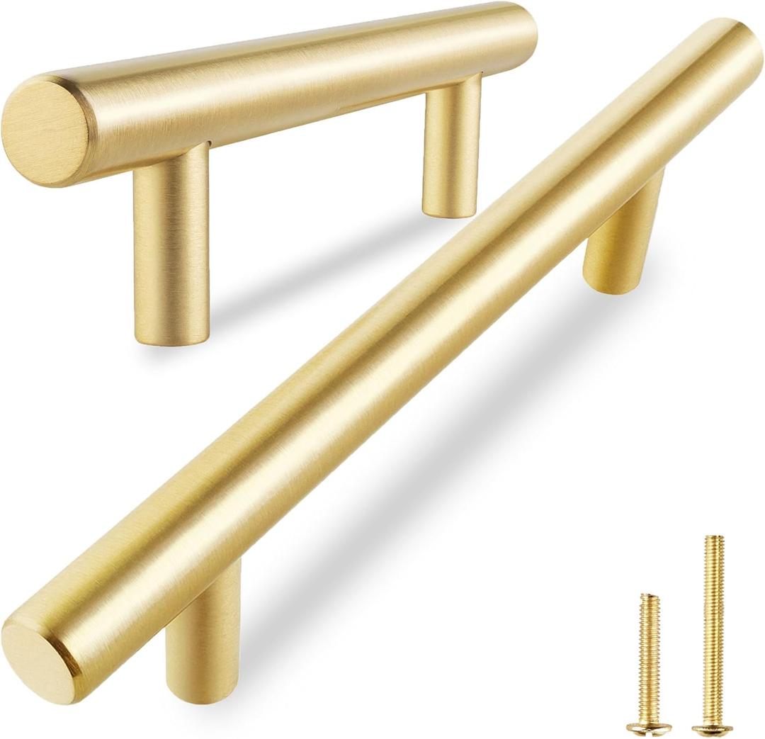 QOGRISUN 5-Pack Solid Brass Cabinet Pulls, Gold Euro Style T Bar Handles, 3-Inch Hole Center for Kitchen Drawer Dresser Cupboard, 4.9-Inch Total Length, Brushed Brass Finish