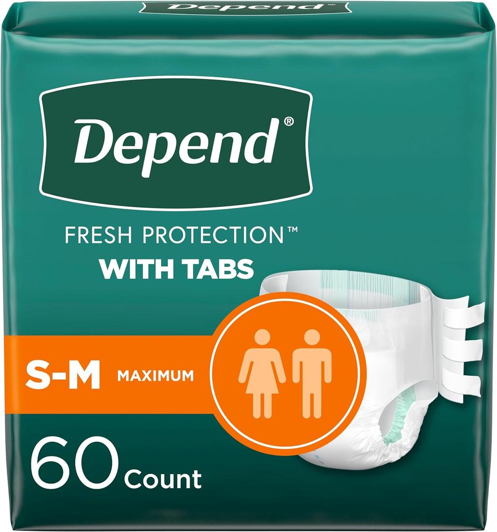 Depend Incontinence Protection with Tabs, Unisex, Small/Medium (1934" Waist, Up To 170 lbs), Maximum Absorbency, 60 Count (3 Packs of 20)