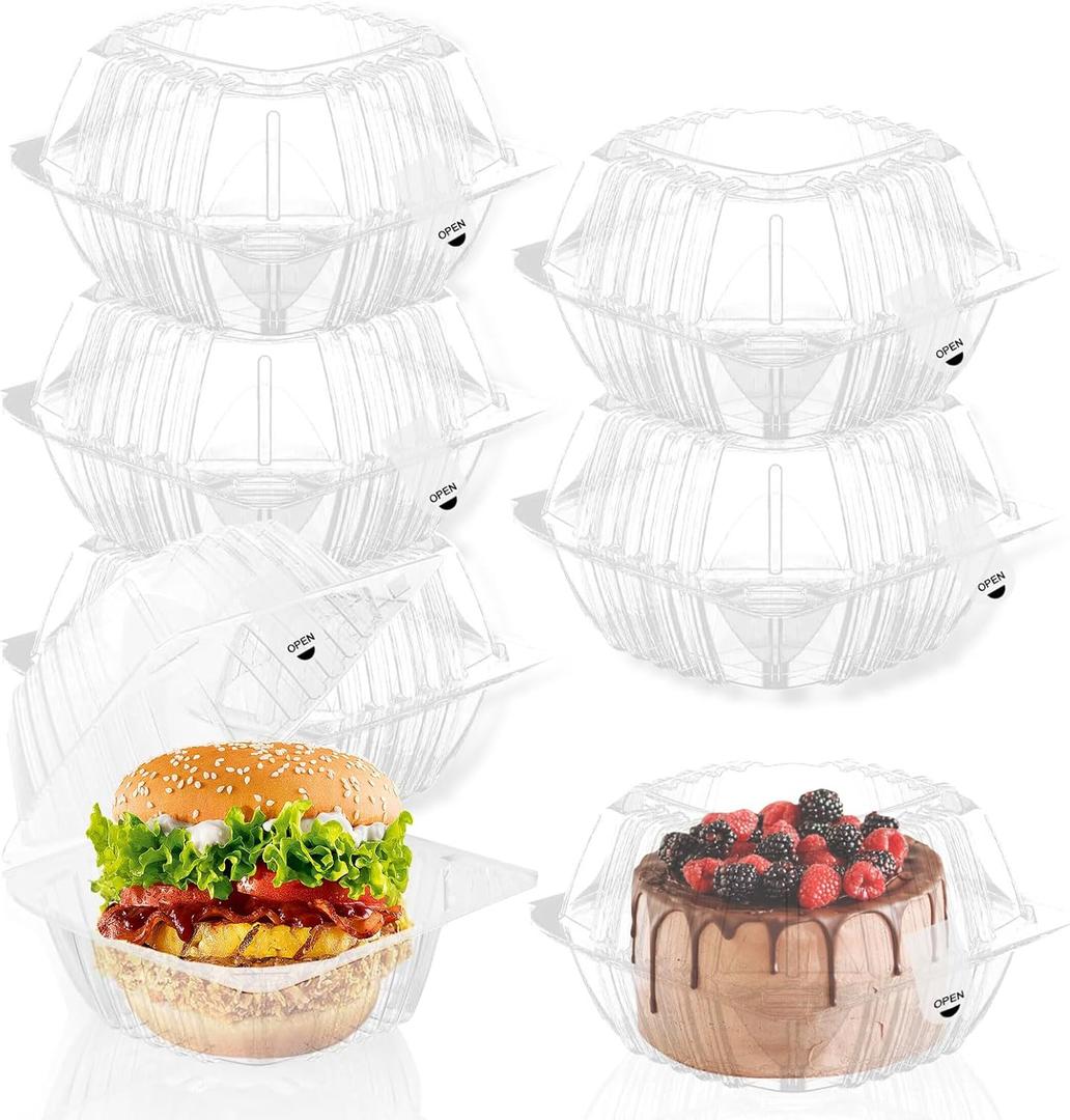 100 Pack Clear Clamshell Food Containers, Disposable Food Containers with Lids, 6 x 6 Inch Hinged Plastic To Go Containers for Dessert, Cake, Salad, Bakery Supplies - With sealing sticker