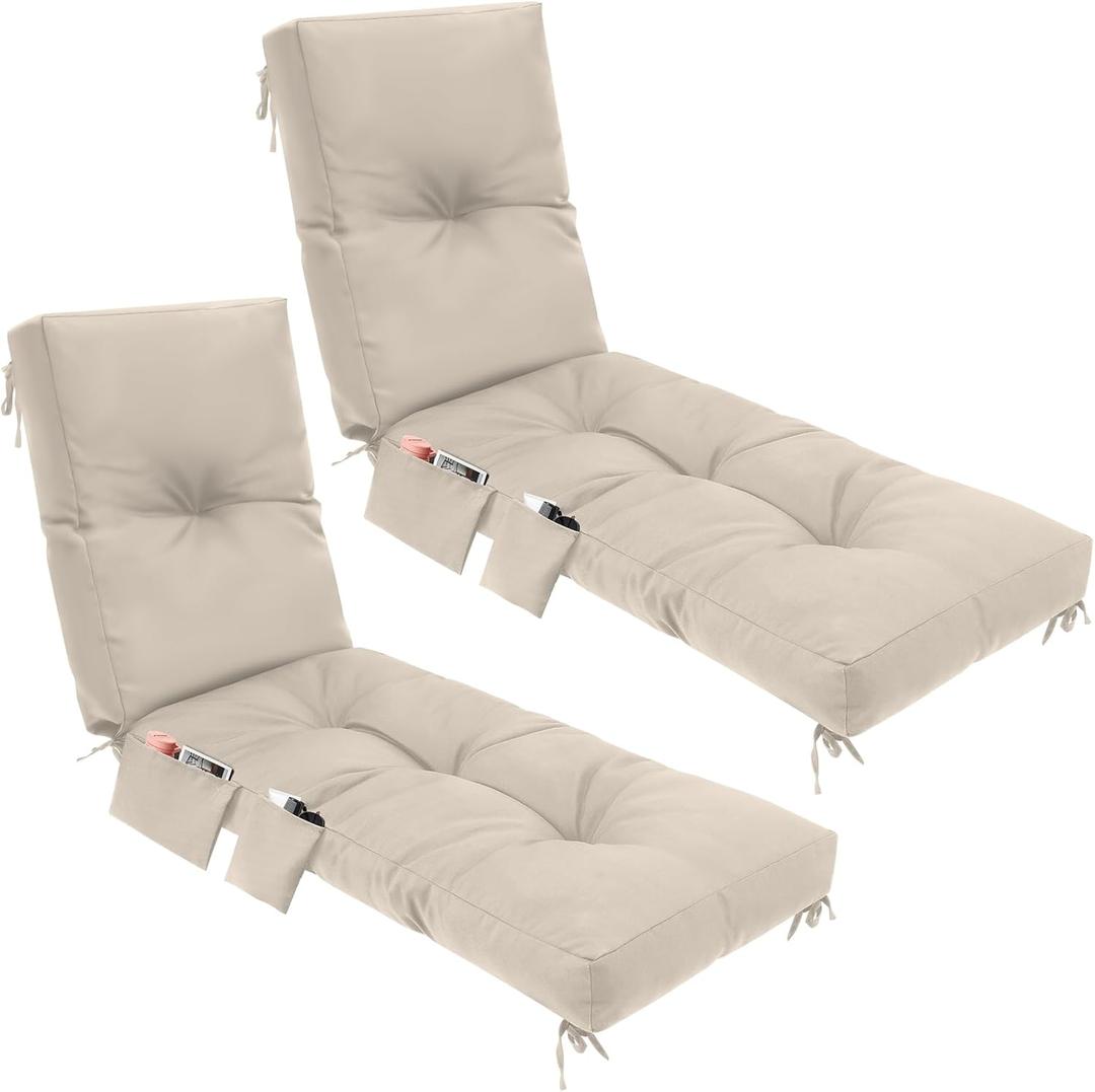 2 Pcs Outdoor Chaise Lounge Cushions with 3 Side Pocket 76x22x6 Inch Waterproof Long Deck Reclining Chair Cushions Fade Resistant Replacement Cushion for Furniture Lawn Pool (Beige,Solid Color)