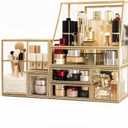 Tempered Glass Makeup Organizer with Gold Heart Shaped Metal Frame, Large Cosmetic Storage Drawer Cabinet, Dustproof Vanity Display Case for Lipstick Makeup Brush Skincare, 8.46"D x 5.91"W x 12.01"H