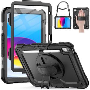 HXCASEAC Case for A16 iPad 11th/10th Generation, Heavy Duty Protective, with Screen Protector, Pencil Holder, 360 Stand, Hand Strap, Shoulder Strap, (A2969/A2757/A3354/A3355/3356), Black
