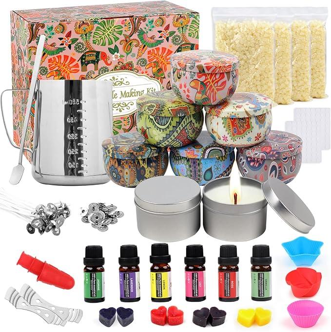 TEPENAR DIY Scented Candle Making Kit,DIY Candle Set with Premium Scented with 4 Beeswax,8 Candle Tins,6 Fragrance Oil,8 Dye Blocks,500ml Melting Pot etc.Make Your Own Candles Art Crafts Hobby Kits